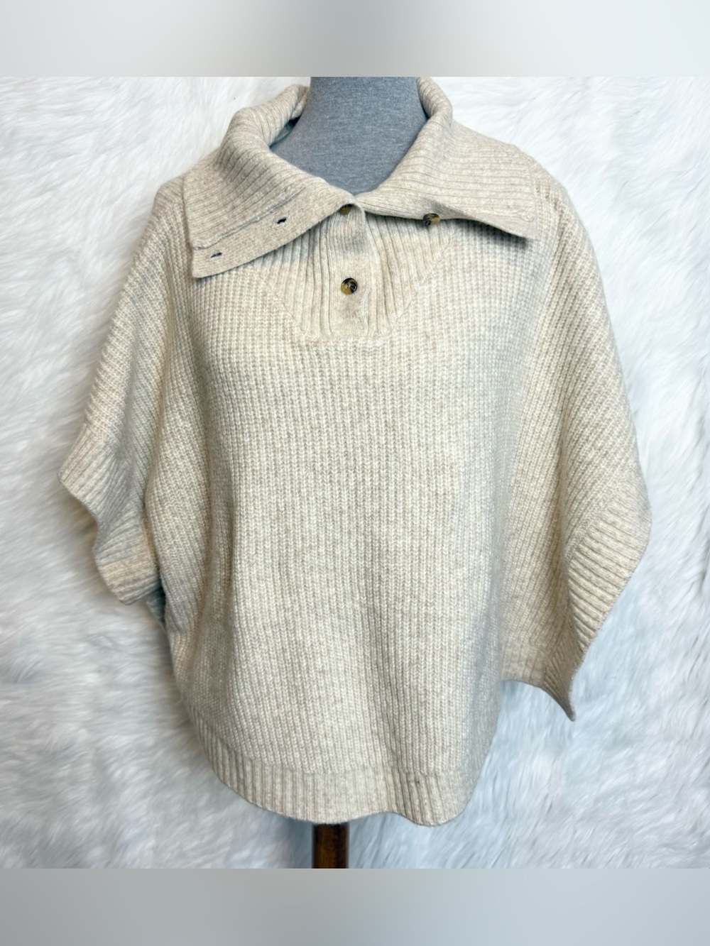 LOFT Ann Taylor Beige Poncho Sweater Shawl Collar Oversized Knit Funnel Neck